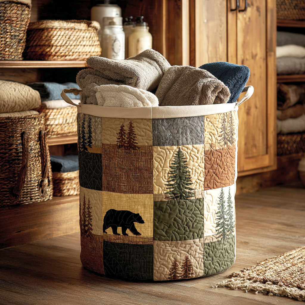 Padded basket with patchwork forest