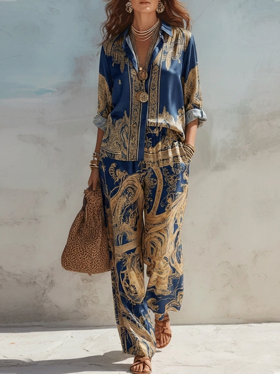 Dominique™ | Baroque Print Button-Down Shirt and Wide-Leg Pants Two-Piece Set