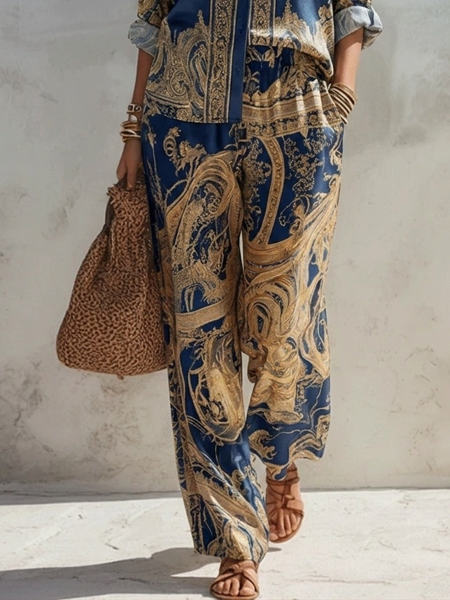 Dominique™ | Baroque Print Button-Down Shirt and Wide-Leg Pants Two-Piece Set