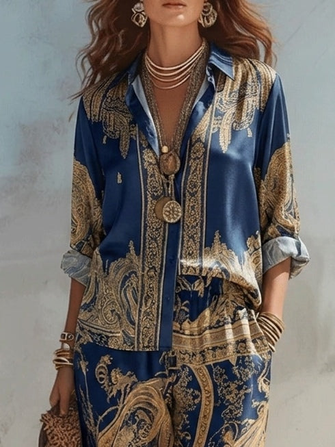 Dominique™ | Baroque Print Button-Down Shirt and Wide-Leg Pants Two-Piece Set