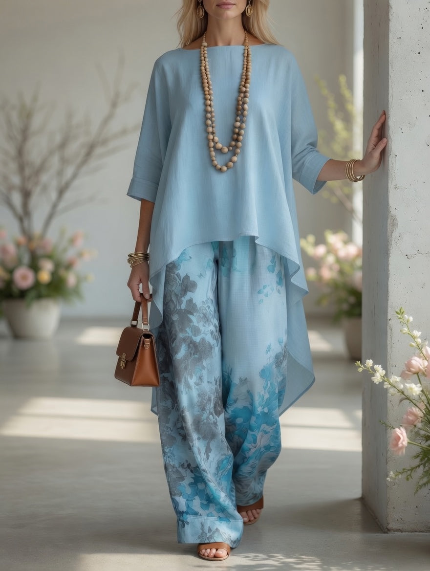 Venetia™ | Vintage Botanical High-Low Tunic & Wide-Leg Pants Set