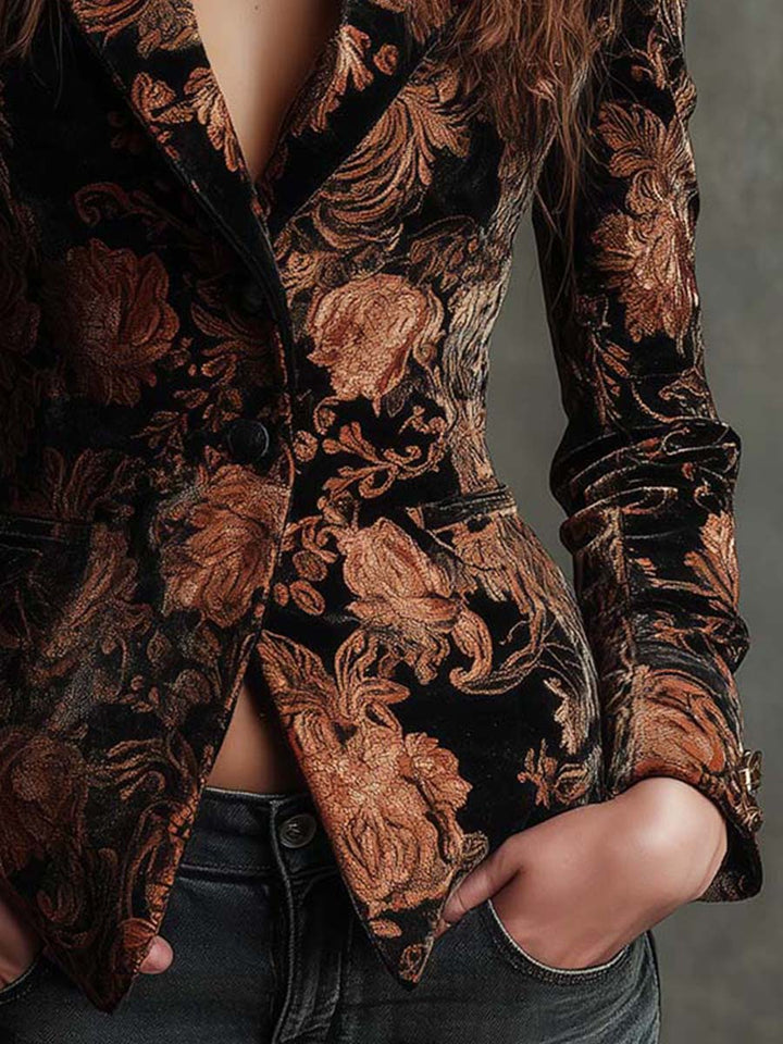 Bertille | Floral Print Black and Bronze Tailored Blazer