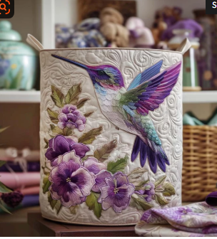 Quilted basket with hummingbird among flowers
