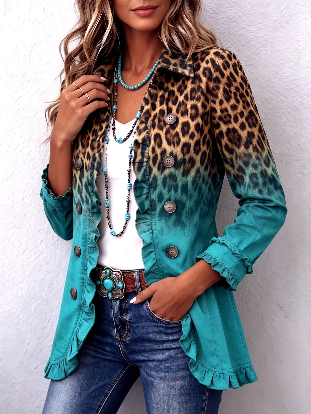 Cassandre | Gradient Leopard Blazer with Ruffles