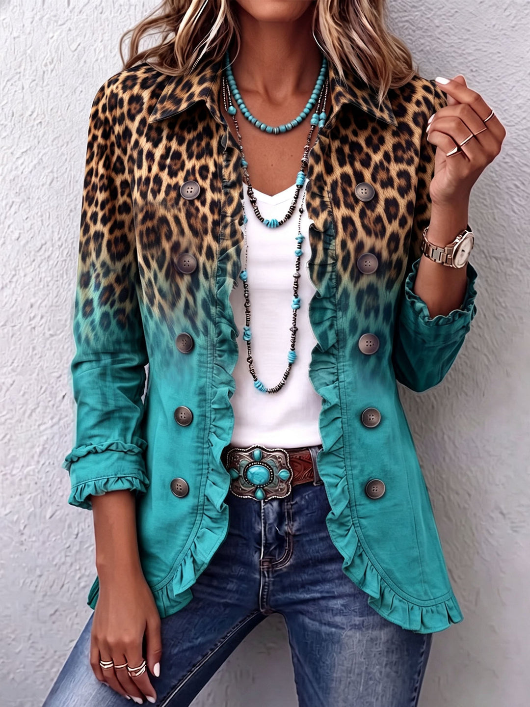 Cassandre | Gradient Leopard Blazer with Ruffles