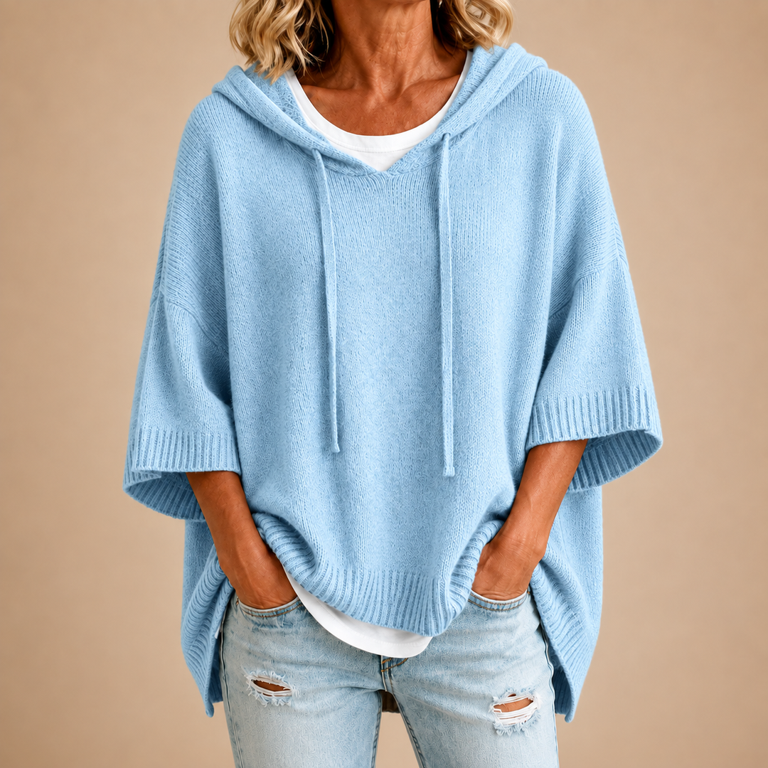 Light Blue Hooded Knit Poncho