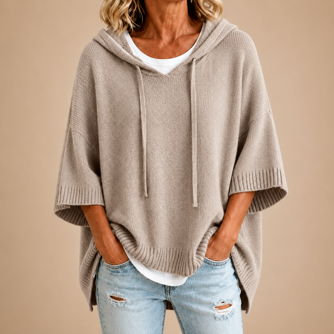 Hooded Knit Poncho in Taupe