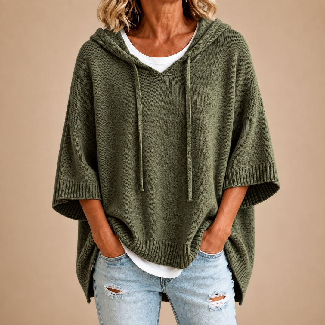 Hooded Knit Poncho in Military Green