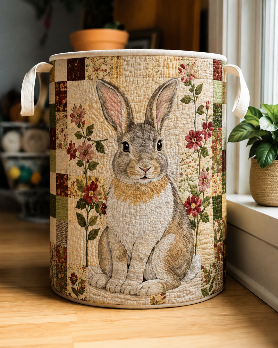 Quilted Basket with Field Rabbits