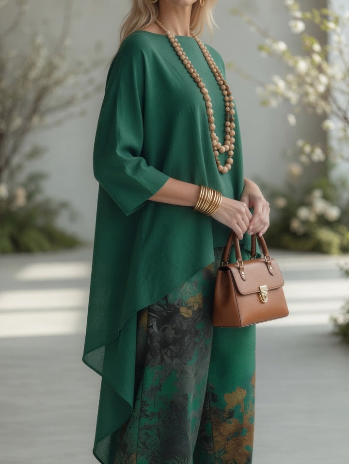 Venetia™ | Vintage Botanical High-Low Tunic & Wide-Leg Pants Set